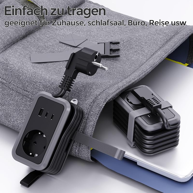 PD20W Multiprise de voyage, 4 en 1, avec USB et type C, 3680 W 16 A, adaptateur de prise, multiprise avec câble de données pour tablettes iPad iPhone, gris — photo 5 sur 7