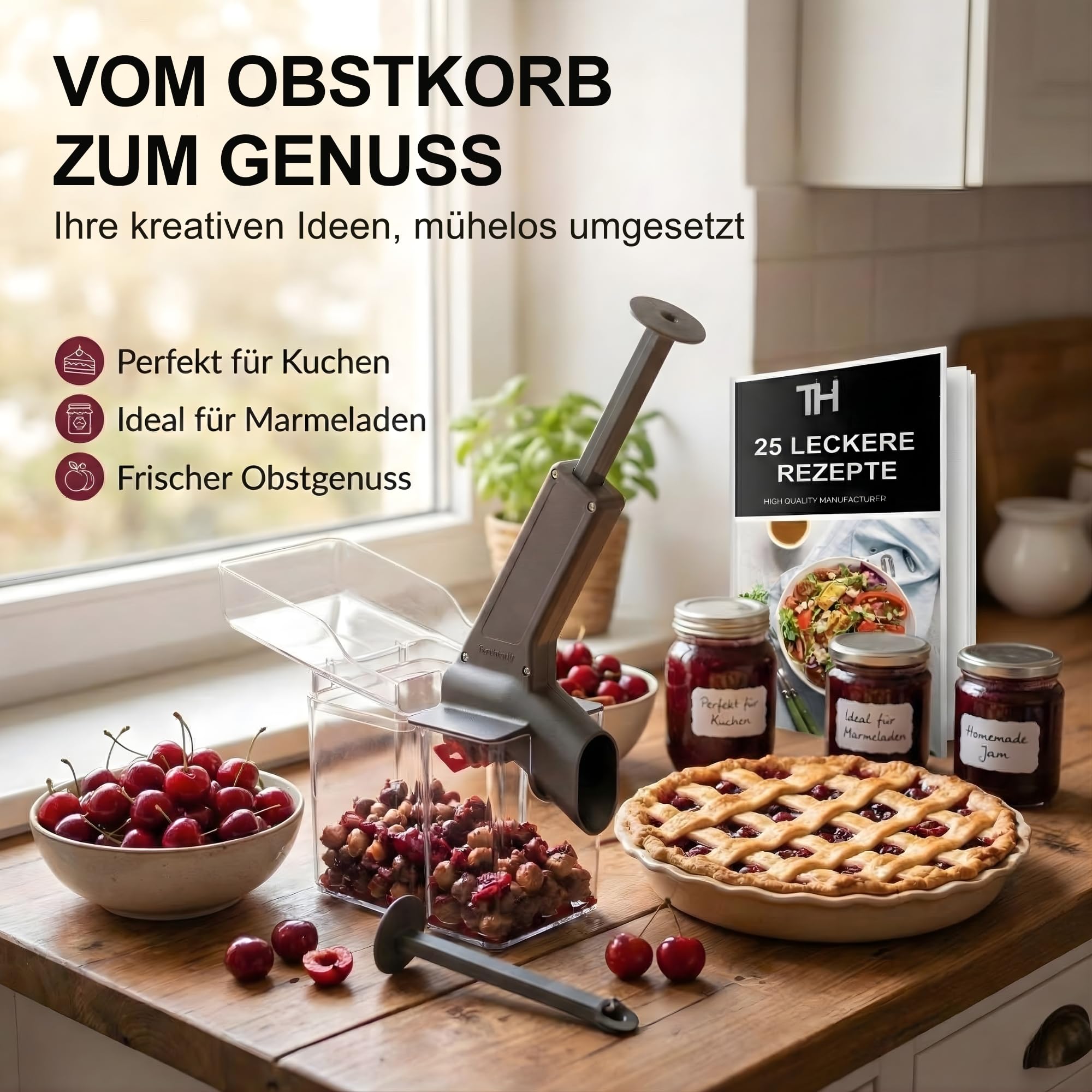 Thiru Premium Kirschentkerner (inkl. Verschleißteil) - hohe Entkernleistung - 100 Tage testen - frische, konservierte, tiefgekühlte Kirschen - mit Spritzschutz - inkl. 25 Rezepte - Made in Germany 8