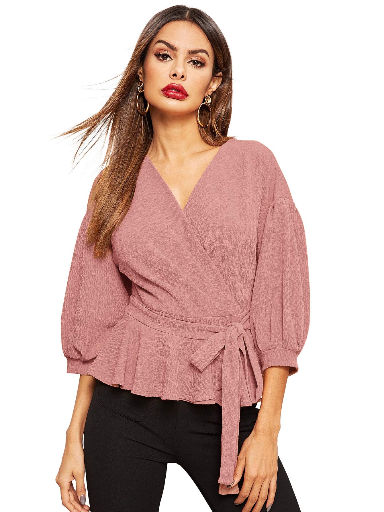 Shein Womens Lantern Sleeve V Neck Ruffle Blouse Desertcart
