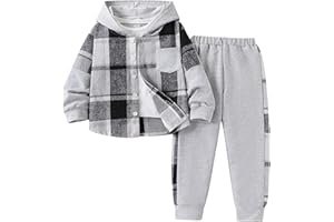 Azmxynol Boys Clothes Plaid Hooded Shirt 2pcs Outfit, Button Front Toddler Fall Winter Hoodie & Sweatpants Set, 4-8 years