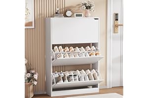 BOONATU Shoe Storage Cabinet, Wood Shoe Organizer for Entryway with 3 Flip Drawers, Freestanding Shoe Rack with Adjustable Shelf, Narrow Shoe Dresser for Front Door Entrance(White, 47.2" x 31.5" x 9.25")