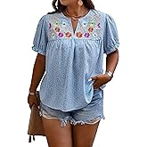 WDIRARA Women's Plus Size Floral Embroidery Notched Neck Puff Short Sleeve Blouse Boho Top