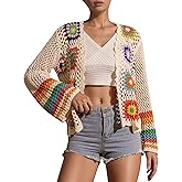 YKR Womens Colorful Floral Crochet Cardigans Bohemian Open Front Color Block Loose Cardigan Sweaters