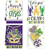 VISSTREE Mardi Kitchen Towels Set of 4, Mardi Carnival Dish Towels, Purple Masquerade Mask Crayfish Dish Cloth for Kitchen Bathroom Gras Holiday Home Decorations Housewarming Gifts