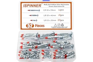 ISPINNER 52pcs Zinc Plated Steel Hollow Wall Drive Anchor Screws Assortment Kit for Drywall 35mm 46mm 59mm