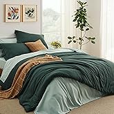 Bedsure Queen Comforter Set - 7 Pieces Forest Green Queen Bedding Set for All Seasons, Boho Contrasting Design Bed in a Bag with Comforter, Sheets, Pillowcases & Shams