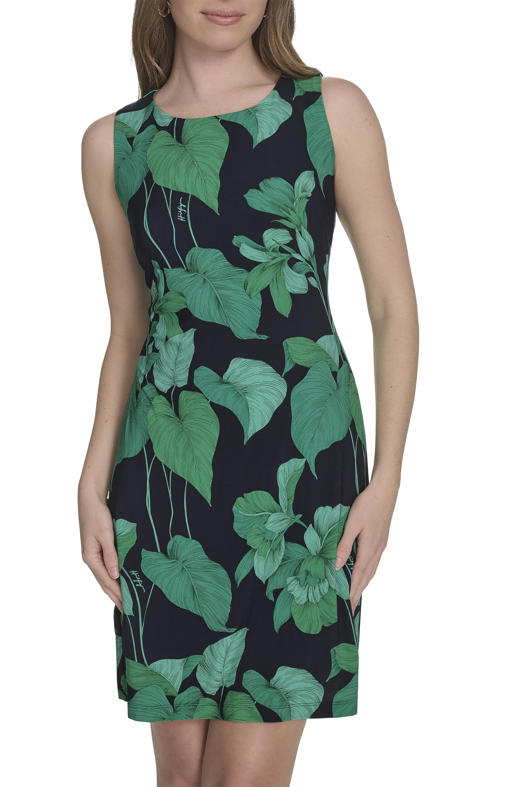 Tommy Hilfiger Women’s Sleeveless Crew Neck Floral Print Jersey Shift Dress, Sky Captain Multi, 14