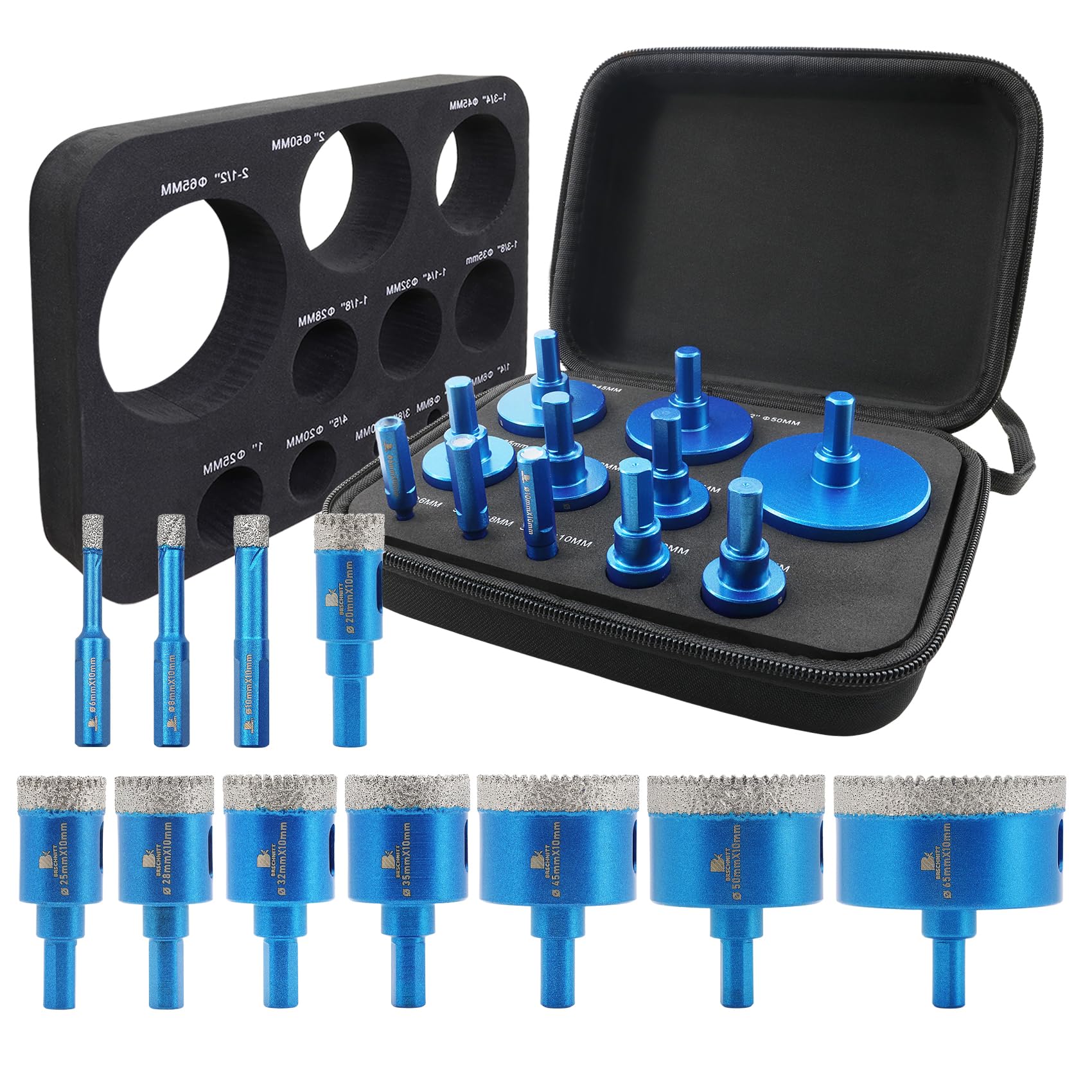 Tile Hole Saw Kit Diamond- BRSCHNITT 11pcs Diamond Core Drill Bit for Porcelain Tile Ceramic Marble Granite Drilling Triangle Shank