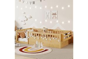 Mirightone Floor Bed for Kids, Twin Size Montessori Beds with High Fence Railings, Wood Playhouse Bed with Rails, Light & Storage for Baby Boys Girls Teens, No Slats Included, Natural