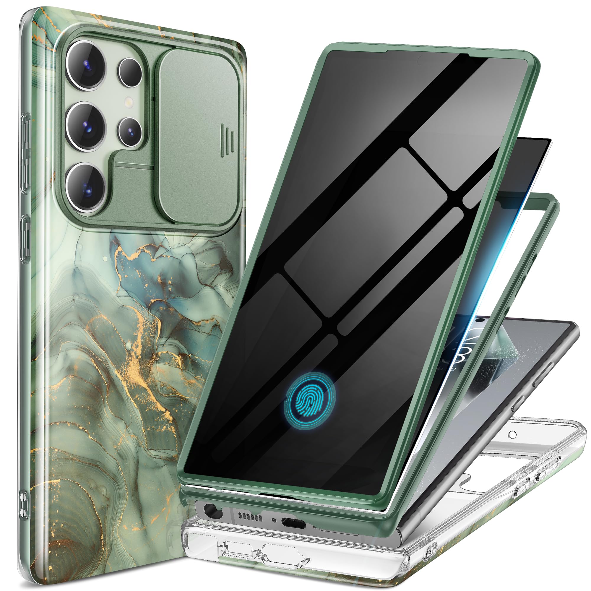 GVIEWIN for Samsung Galaxy S24 Ultra Case, [Slide Camera Cover & Built-in Privacy Screen Protector] [2 Front Frame] Military Grade Shockproof Marble Phone Case for S24 Ultra 6.8" (Desert Dream/Green)