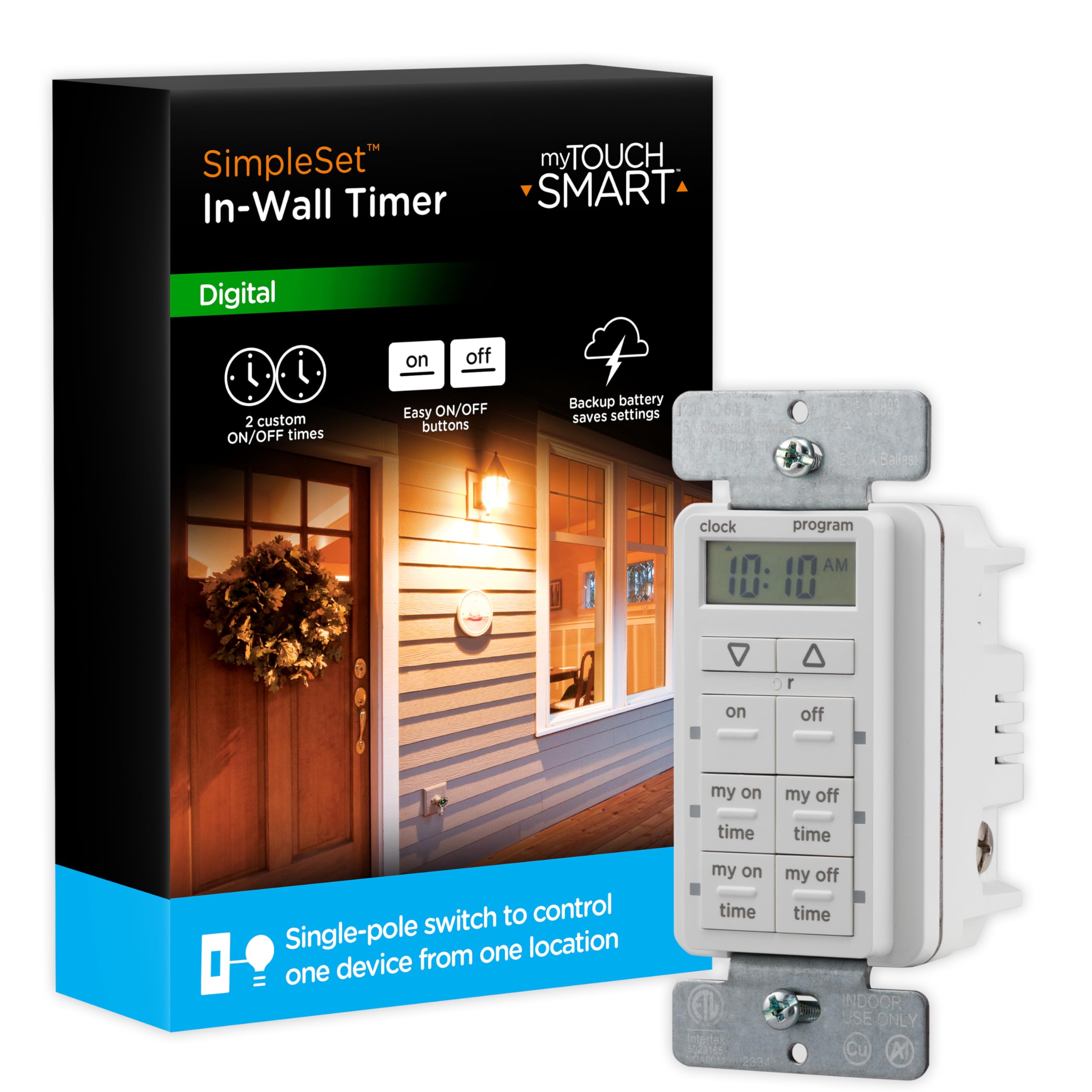 Photo 1 of myTouchSmart In-Wall Digital Timer, 4 Programmable On/Off Buttons, 2 Easy On/Off Buttons, 24 Hour Daily Cycles, Blue LED Indicators, with Battery Backup, for Indoor/Outdoor Lights, Fans, 26893