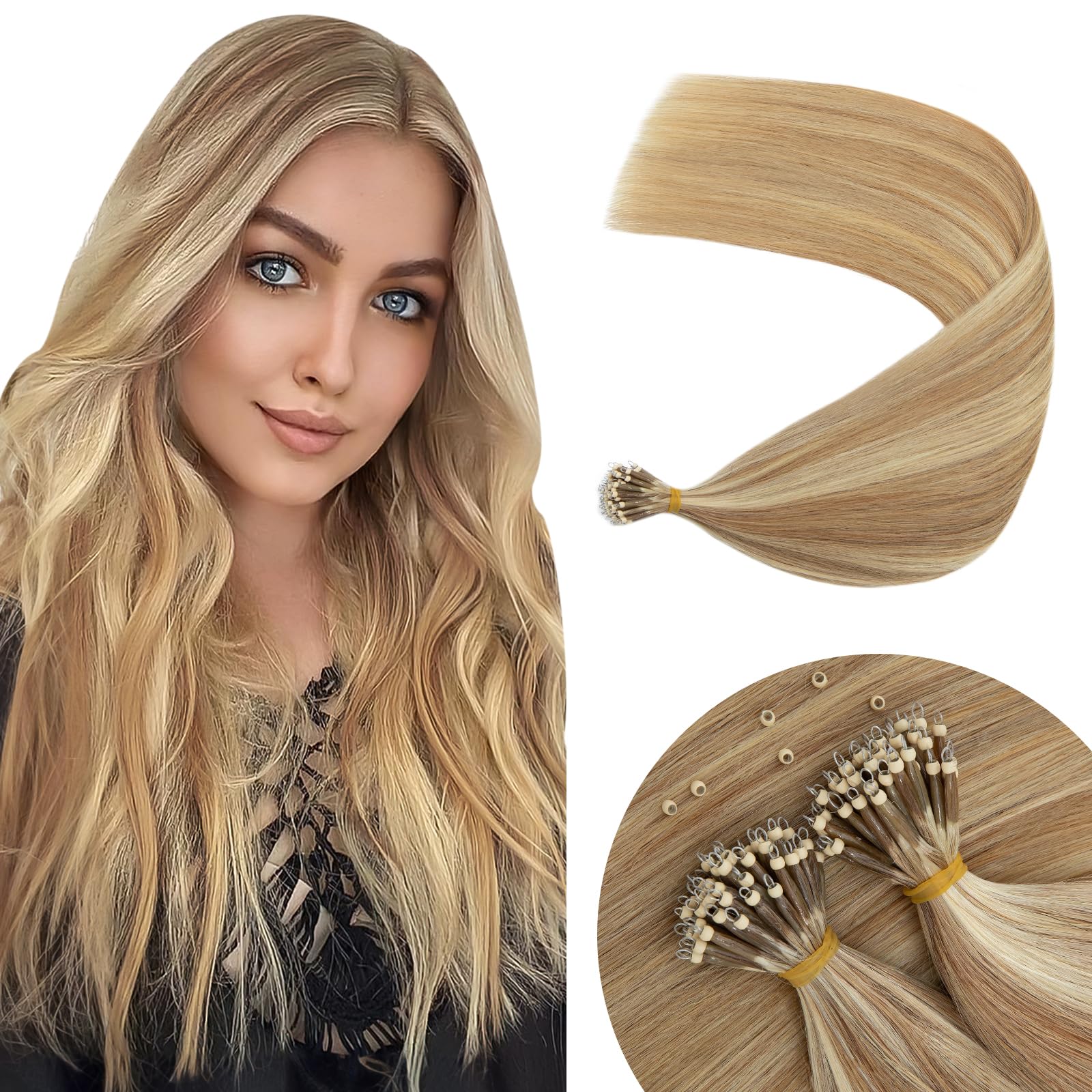 Elailite Nano Beads Hair Extensions Real Human Hair 50 Strands 50g Nano Rings Nano Tip Cold Fusion Remy Hair Straight (#12/613 Golden Brown Mix Bleach Blonde, 24 Inch) — image 1