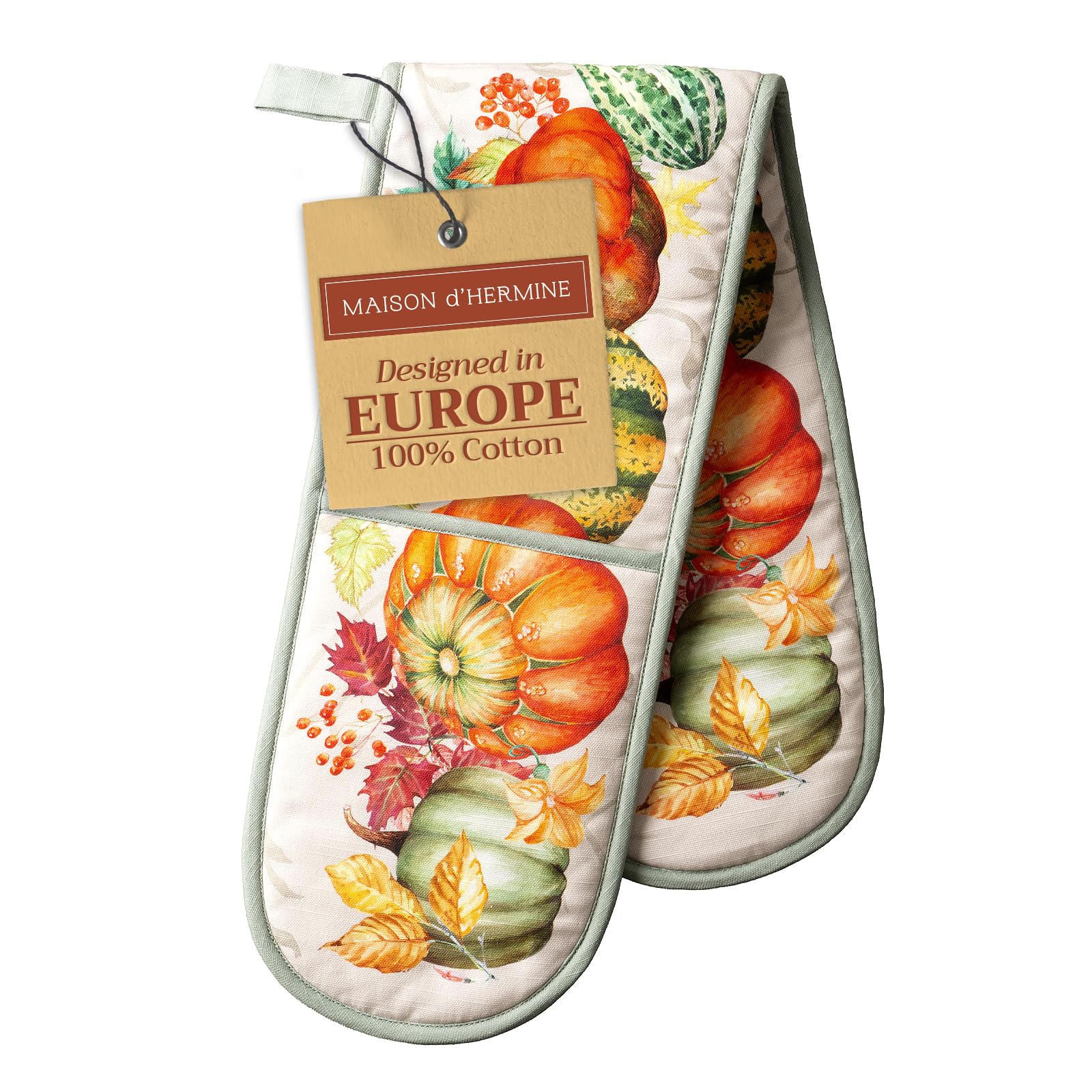 Maison d' Hermine Double Oven Mitt (18 cm x 89 cm) 100% Cotton Heat Resistant BBQ Cooking Gloves with Loop for Christmas Decorations Baking Cooking Barbeque Handling Hot Pan (Lumina)