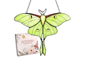 AuroAura Green Luna Moth Stained Glass Window Hanging - Handmade Real Glass Suncatcher for Women, Mom, Grandma - Elegant Green Butterfly Gifts Box Home Decor (H5.8xW7.3 Inch)