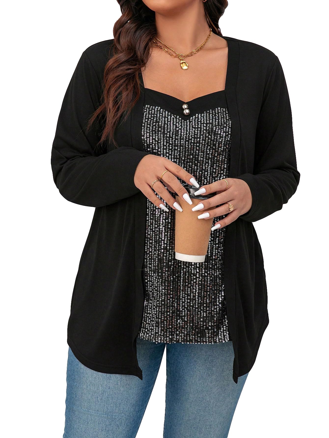 Photo 1 of ***STOCK PHOTO FOR REFERENCE ONLY***WDIRARA Women's Plus Size Sequin Tops Glitter Sparkly Long Sleeve T Shirt Asymmetrical Hem Party Tee Top Black 2XL