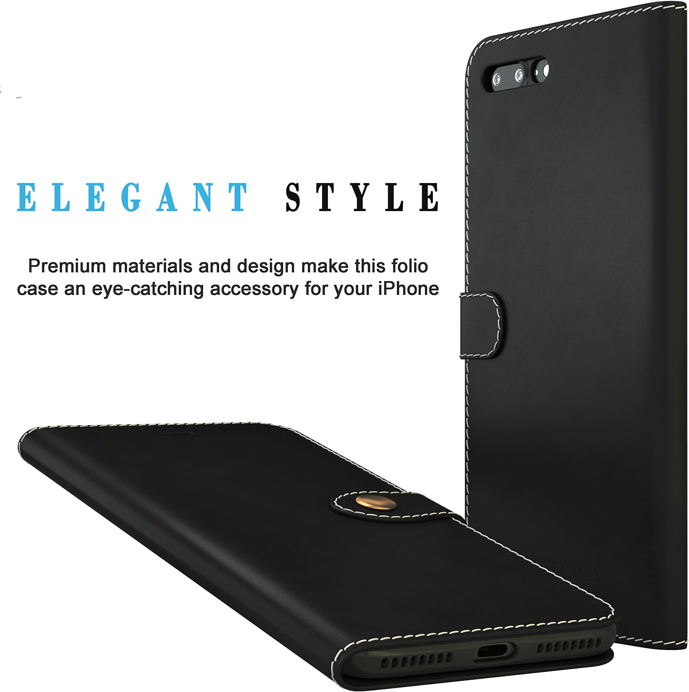 Genuine Leather iPhone 7 Plus Case w/Built in Wallet Credit Card Holder | Designer Cell Phone Case with Snap Closure | Edge-to-Edge Protection | Shock & Dust Resistance (Black)