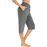 Vlazom Cotton Women's Pajama Bottoms Capri Lounge Pants Casual Cropped Pjs Trouser with Pockets & Drawstring