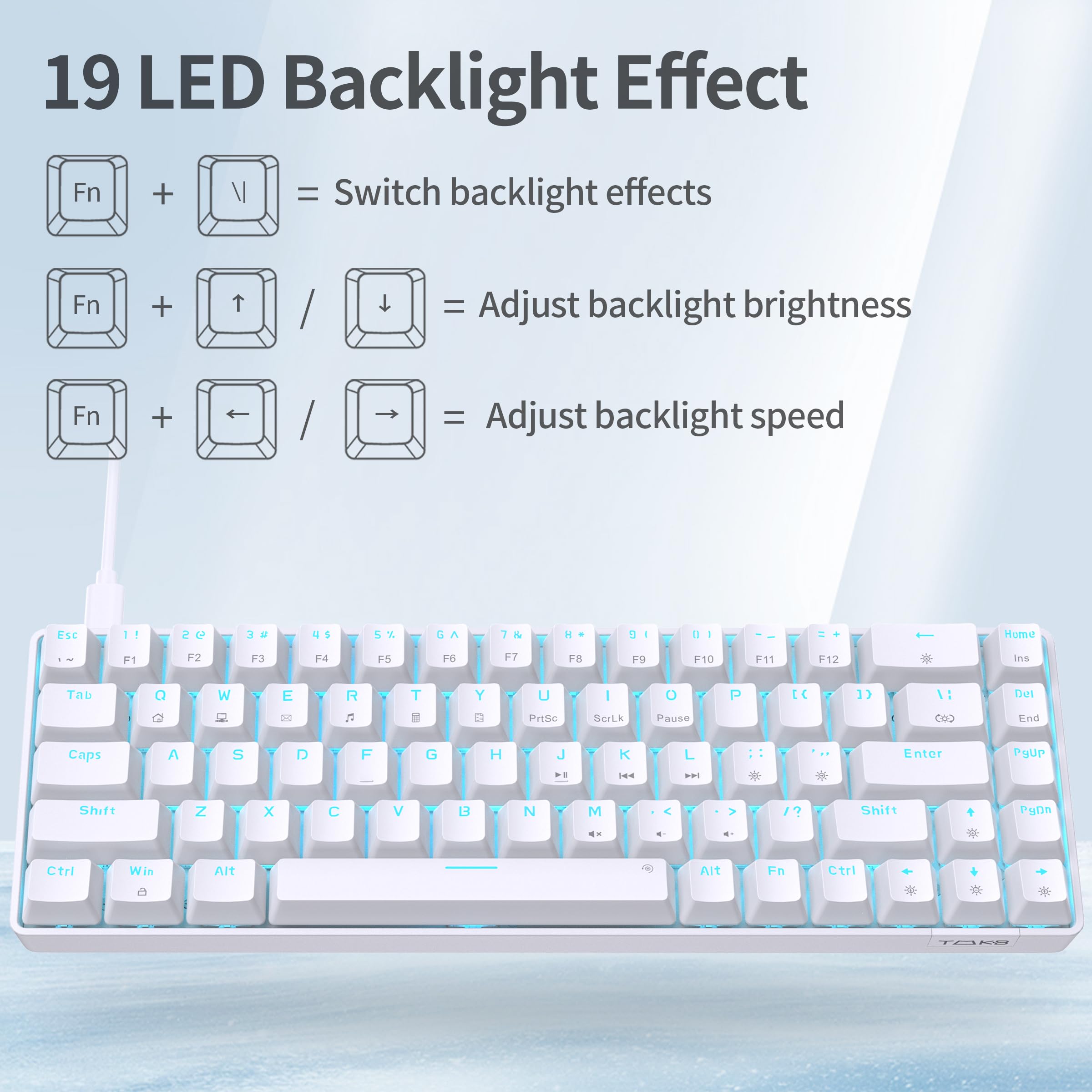 TMKB T68SE Gaming Keyboard, 60% Mechanical Keyboard, LED Backlit Ultra-Compact 68 Keys Wired Mini Keyboard with Separate Arrow/Control Keys for Windows Laptop PC Gamer Typist with Red Switch-White