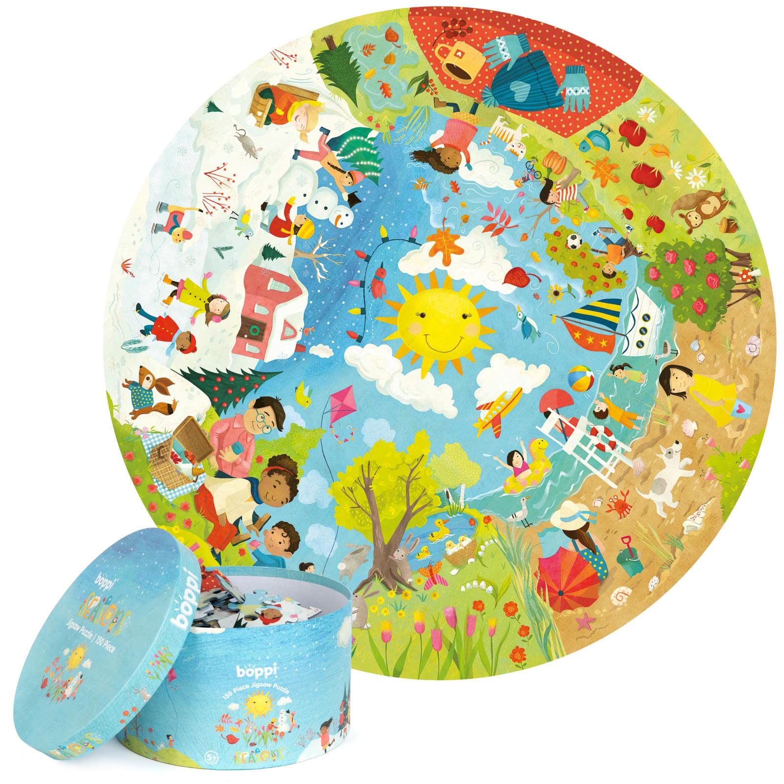 boppi Round 150 Piece Jigsaw for Kids Aged 5-8 | Educational Seasons Puzzle with Weather & Nature Scenes | Eco-Friendly Recycled Cardboard