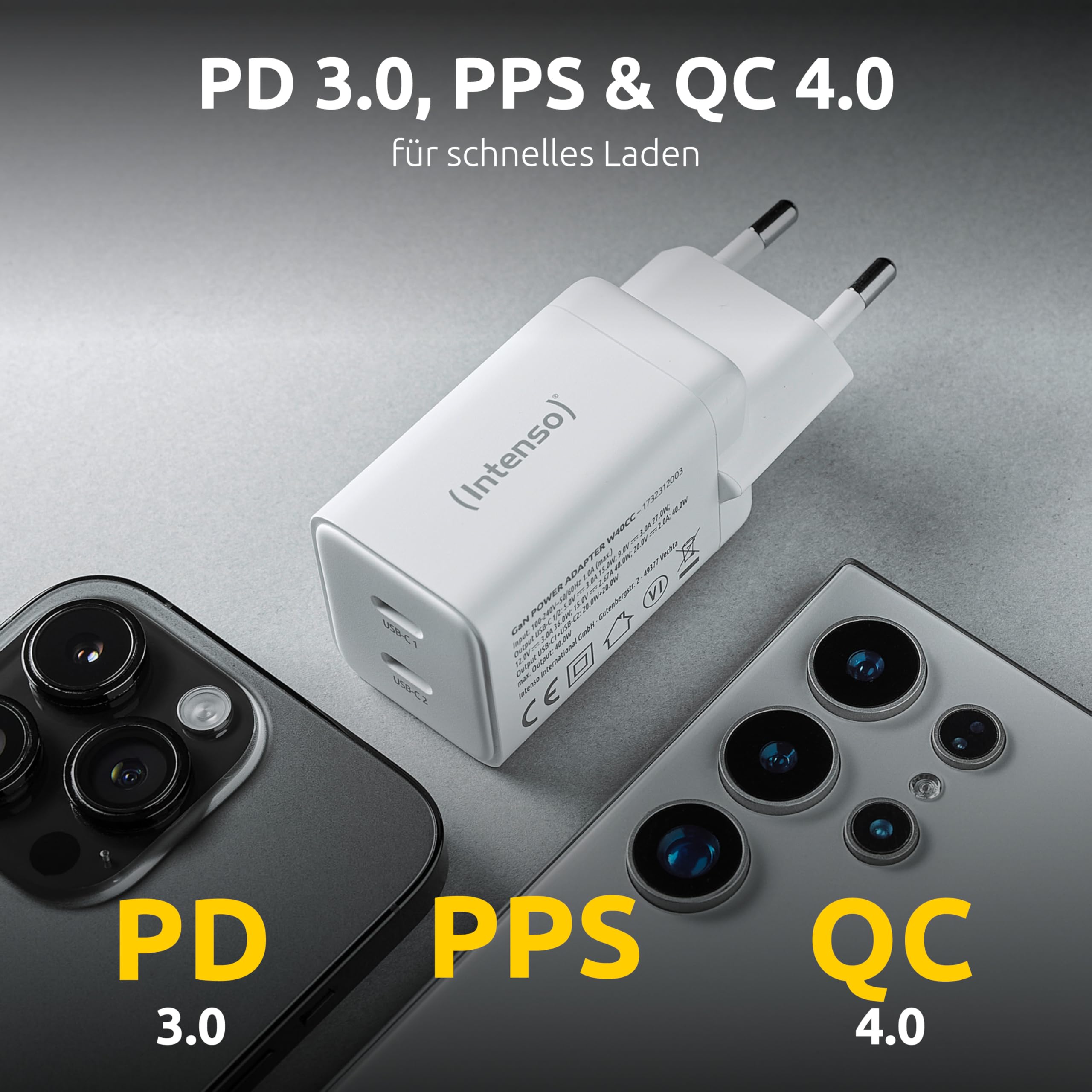 Intenso Power Adapter W40CC GaN, USB-C Netzteil mit 2 USB-C Anschlüssen, 40 Watt und GaN-Technologie für Smartphone, Laptop und mehr, weiß 6