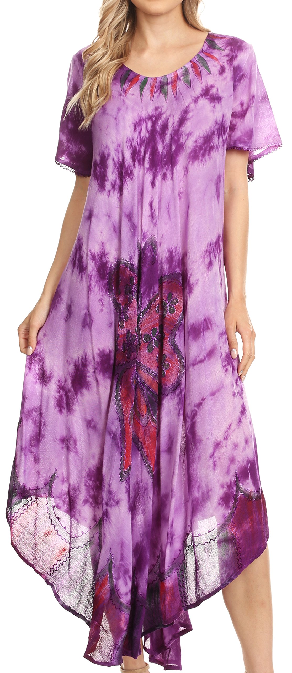 Sakkas 17256 - Nalani Womens Flowy Caftan Tie Dye Summer Dress Cover up Relax Fit - Purple - OS