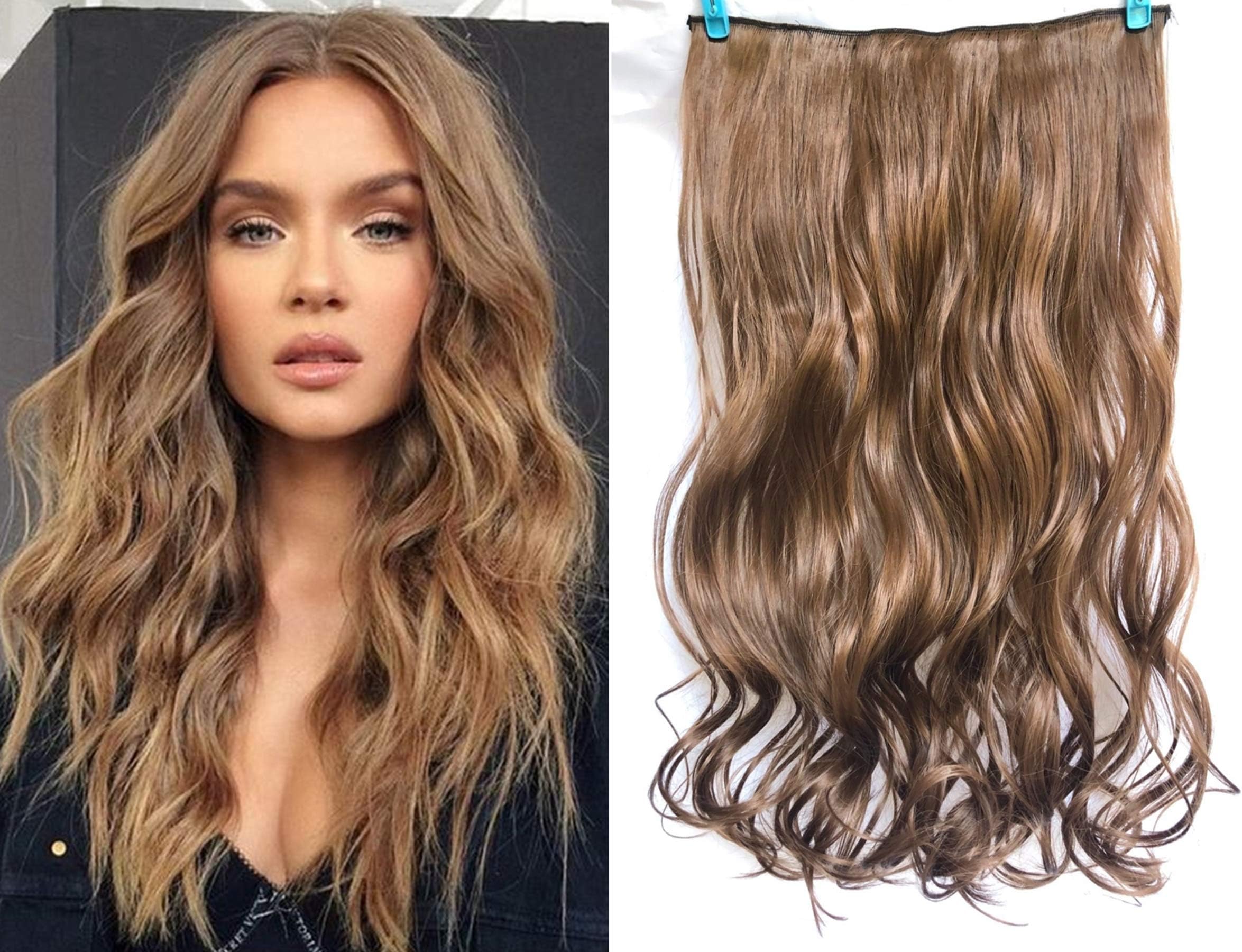 DL 24" Synthetic Soft Thick One Piece Curly Half Head Ombre Clip in Hair Extensions Hairpiece(24" Curly -Chocolate brown )