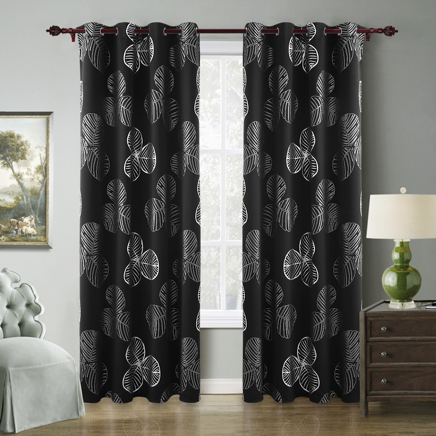 Deconovo Black Blackout Curtains Goat Willow Leaf Print Room Darkening Curtains For Bedroom Classy Thermal Insulted Curtains 52 W X 84 L Black 2
