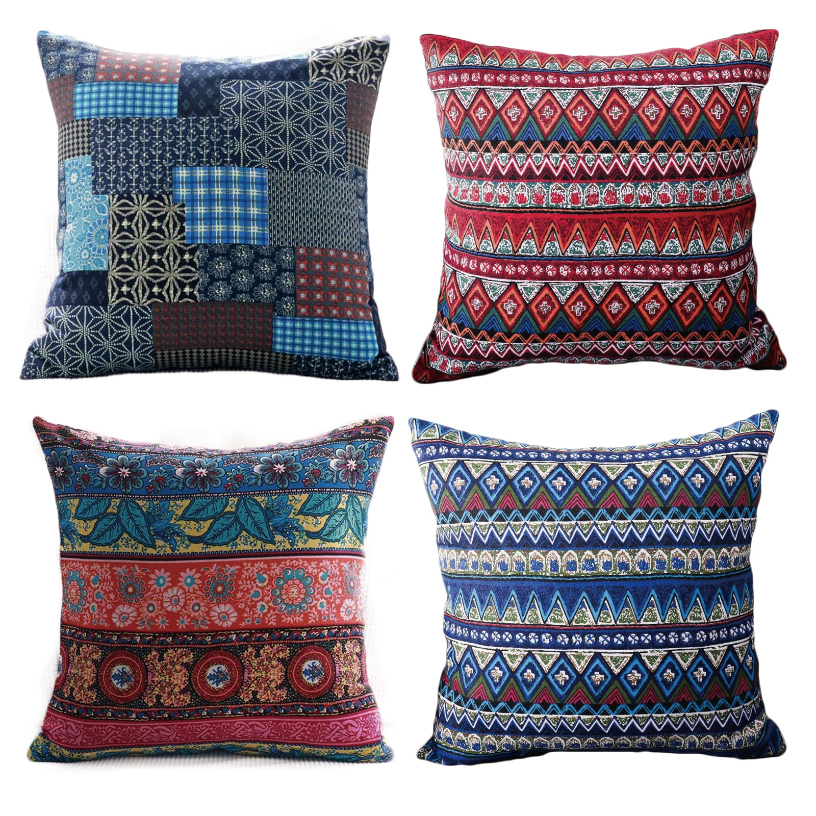 AUTUCAU 18 X 18 Inch Home Decorative Bohemian Linen Square Throw Pillow Case Cushion Cover for Sofa Chair Couch/Bedroom Geometric Pillowcase, Set of 4