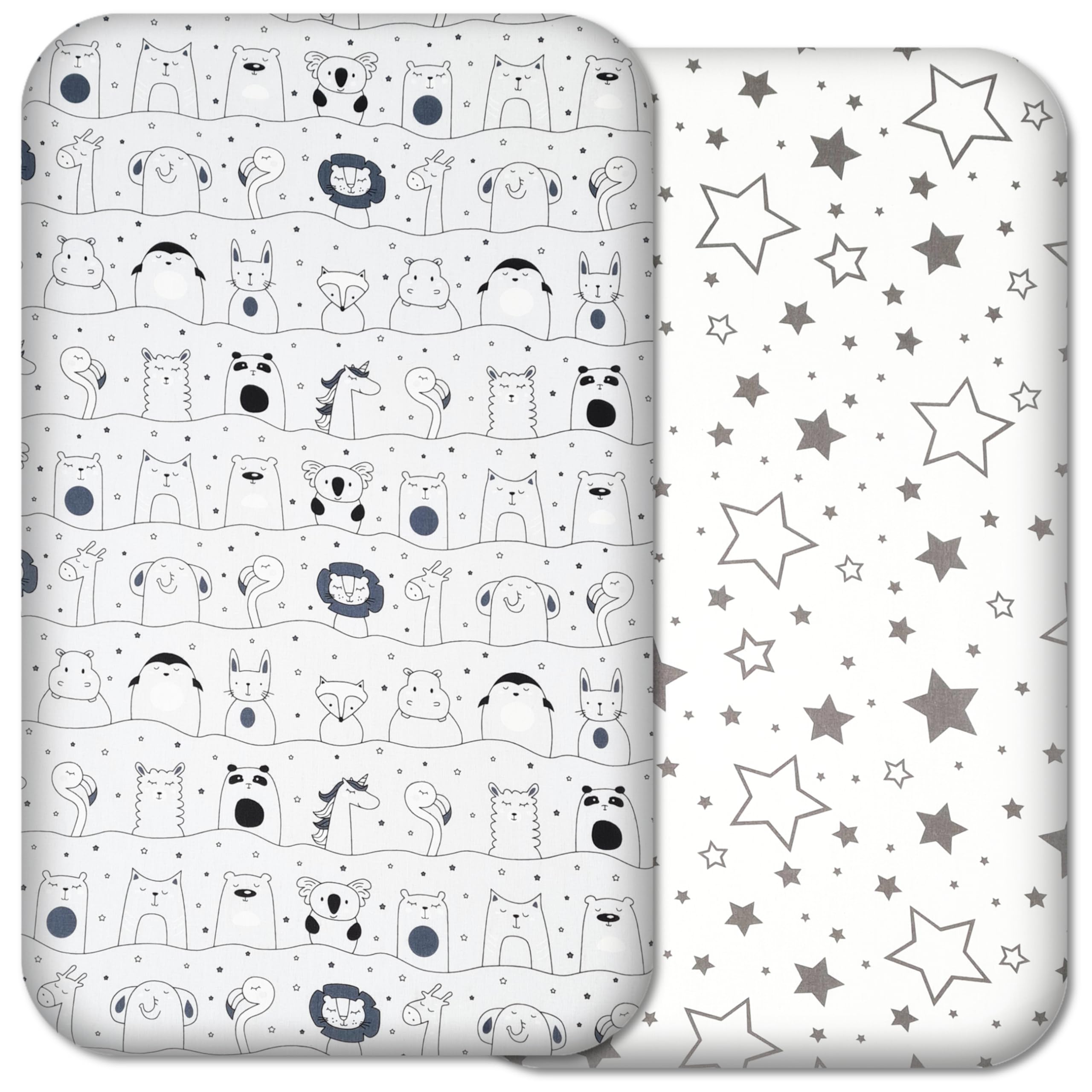 Next to Me Crib Sheets - 2pcs Baby Crib Sheets Set - 100% Organic Cotton to fit Bedside Cribs - Made in Europe – 83 x 50 cm (83x50cm, Grey Animals&Stars)