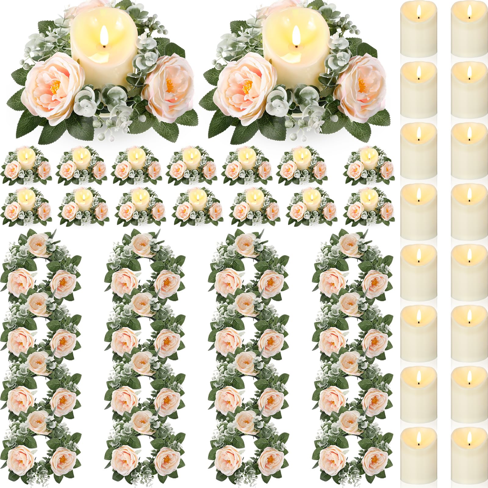 Photo 1 of Yunlly 16 Set Rose Candle Rings Wreaths 3 Inch Center with Flameless LED Candles Artificial Rose Light Garland Fake Electric Votive Tealights Bulk Funeral Wedding Table Centerpieces Decor(Champagne)