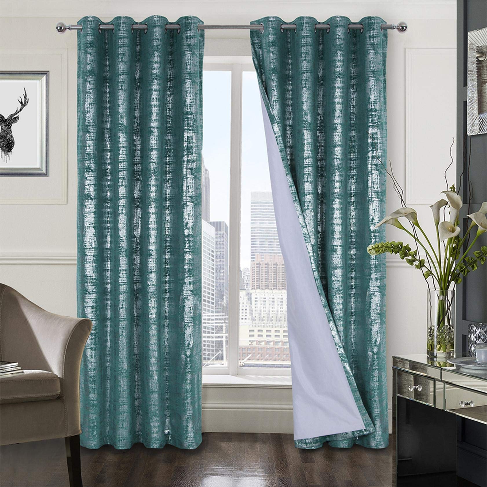 always4u Soft Velvet Curtains 100% Blackout for Window for Bedroom Thermal Silver Foil Printed Shining Luxury Window Treatment Drapes for Living Room 1 Pair Teal 46 * 90