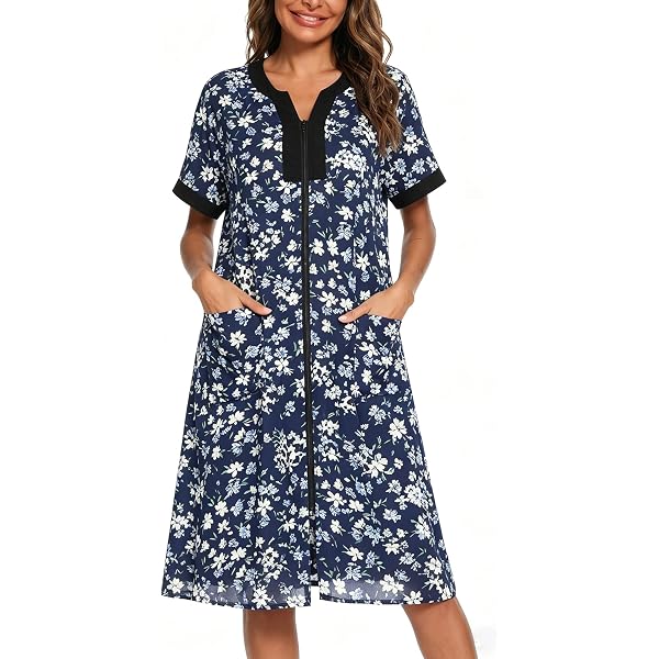 COSUNIONY House Dresses for Women Cotton Short Sleeve House Coat Buttons  Down Dusters Robe with Pockets (Apricot Yellow, Small… at Amazon Women's  Clothing store