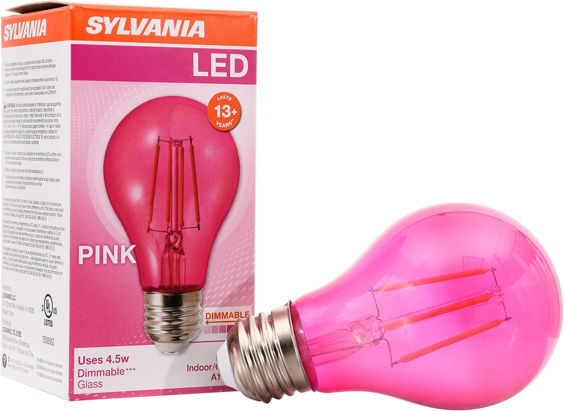 SYLVANIA LED Pink Glass Filament A19 Light Bulb, Dimmable, Efficient 4.5W, E26 Medium Base, 1 pack