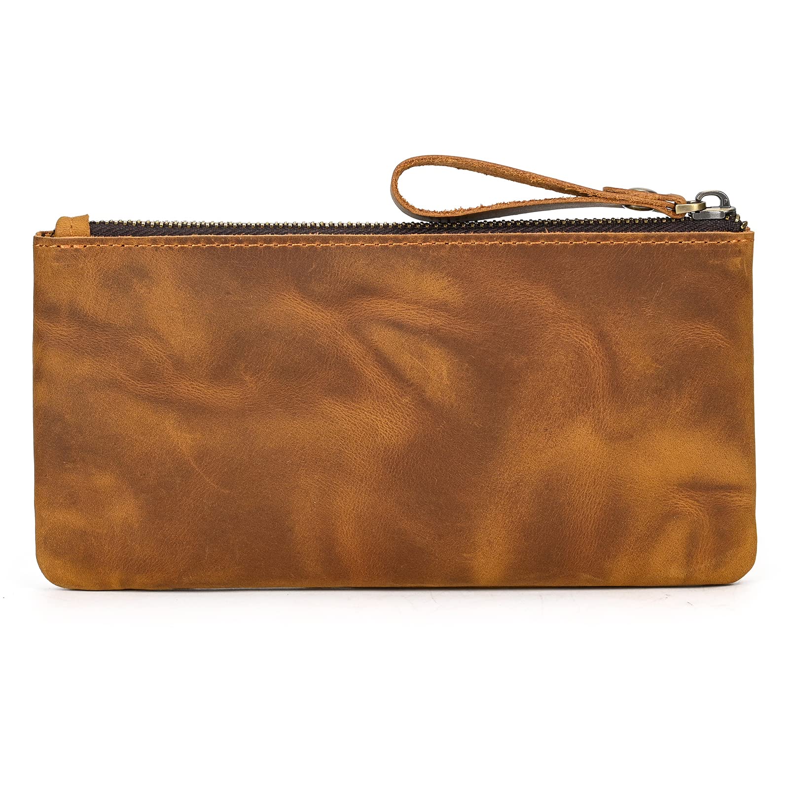 Genuine Leather Pen Pencil Case, Zip Pouch, Beautifully Handcrafted Zippered Pouch, Practical Pencil Cases for Adults & Students with Side Pocket & Keyring, 20.5x10.5cm (Vintage Light Brown)