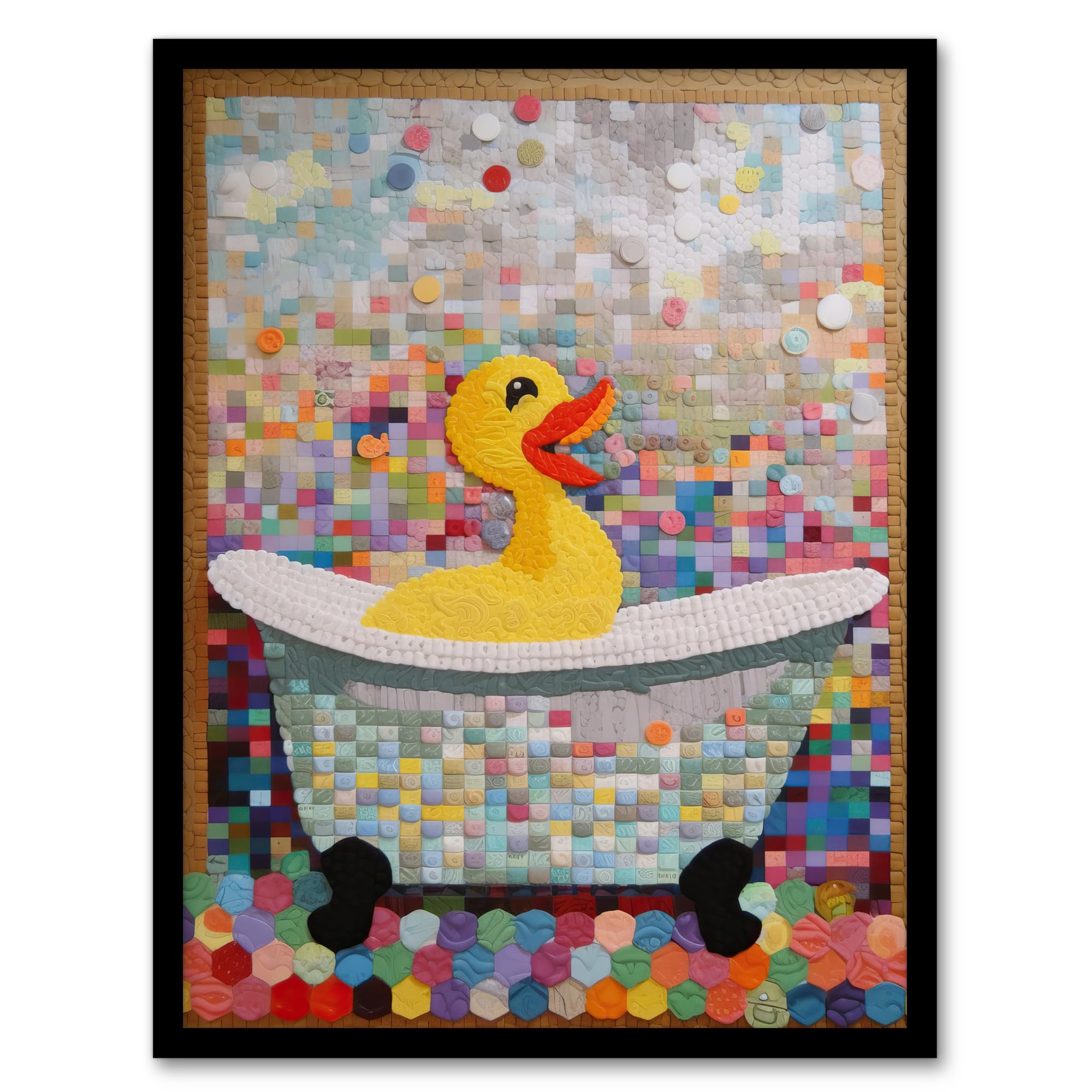 Artery8 Yellow Rubber Duck Ducky Bath Time Bathroom Toilet Art Yellow Mosaic Kids Room Nursery Artwork Framed Wall Art Print A4