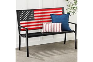 Best Choice Products Outdoor Bench 2-Person Steel Indoor/Outdoor Bench for Garden, Patio, Porch, Entryway w/American Flag, 790lb Capacity – Black/Red
