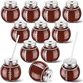Baderke 12 Set Sports Party Decor 10oz Plastic Brown Football Ball Shape Cups with Straws and Lids Ball Cups Bulk Sport Theme Bottle for Drink Birthday Party Favors Supplies