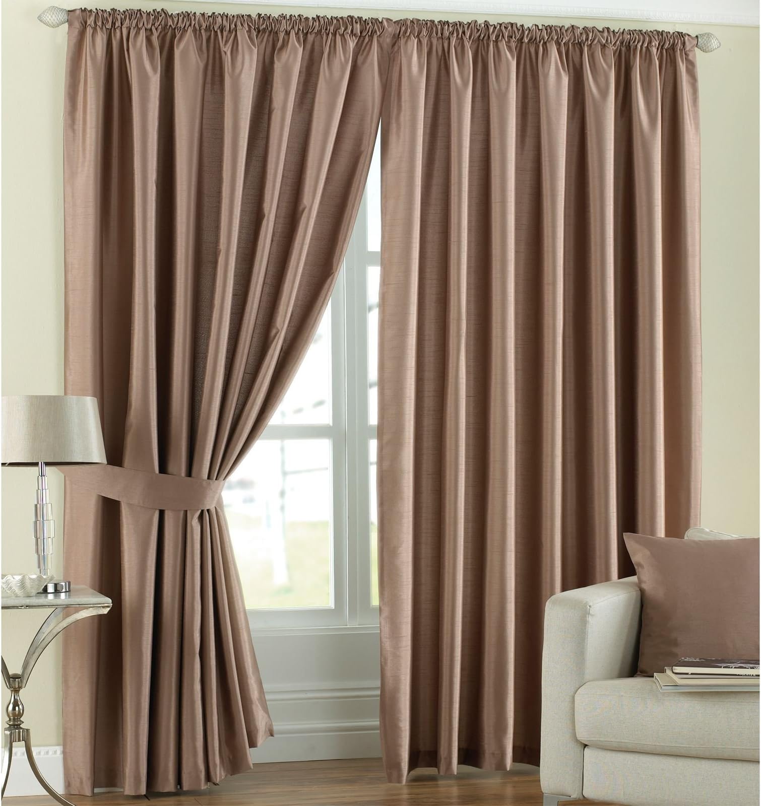 Textile Warehouse Faux Silk Light Reducing Thermal Latte Beige 66x90 Pencil Pleat Lined Curtains with Tiebacks