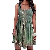 Summer Dress for Women Beach Floral Cover Ups Spaghetti Strap Sundress Smocked Strapless A-Line Mini Dresses