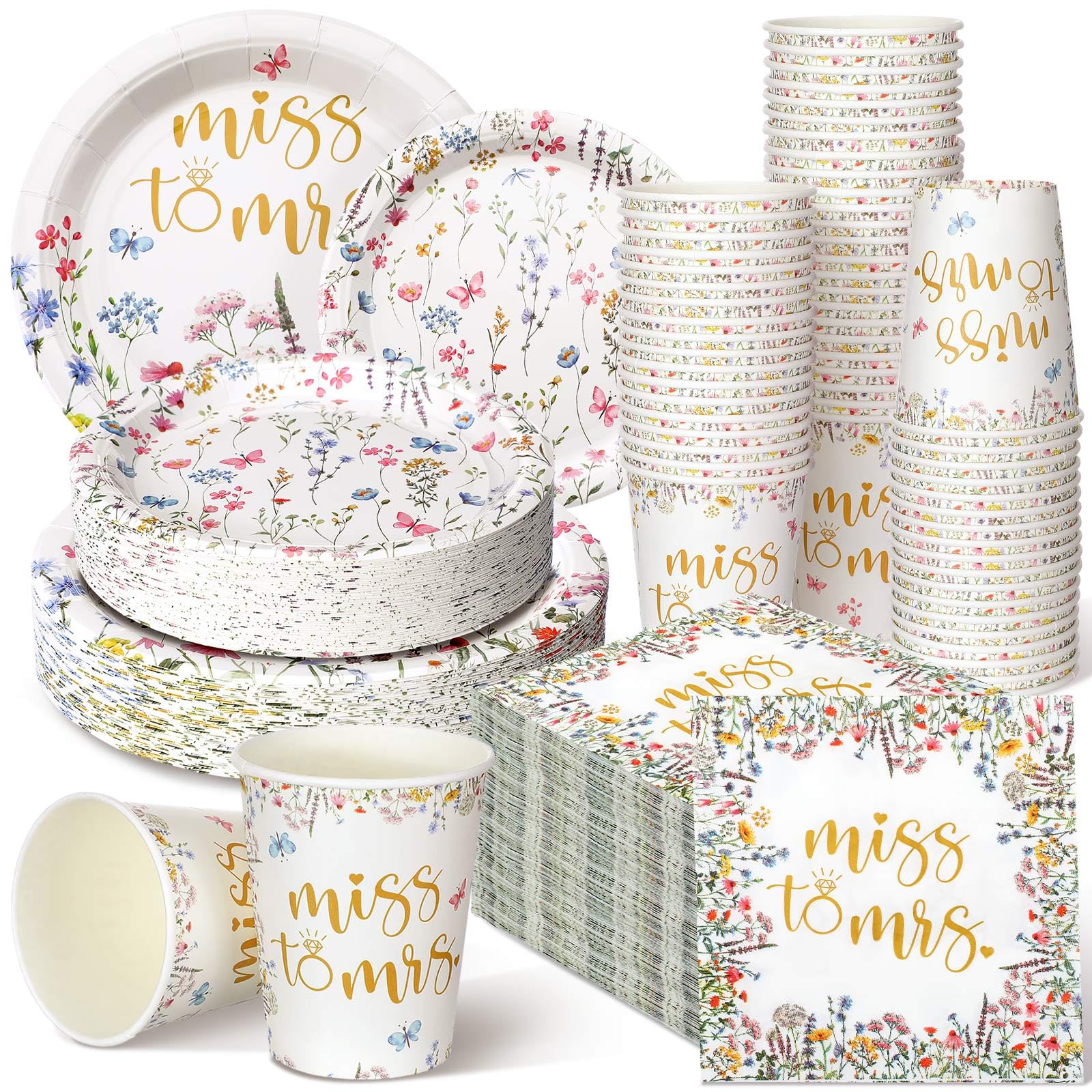 Photo 1 of Zhehao 250 Pcs Miss to Mrs. Bridal Shower Plates Napkins Sets 50 Pcs 9'' Dinner Plates and 7'' Dessert Plate and 9oz Cups 100 Napkins Serves 50 Party Supplies Bridal Shower Engagement Decoration