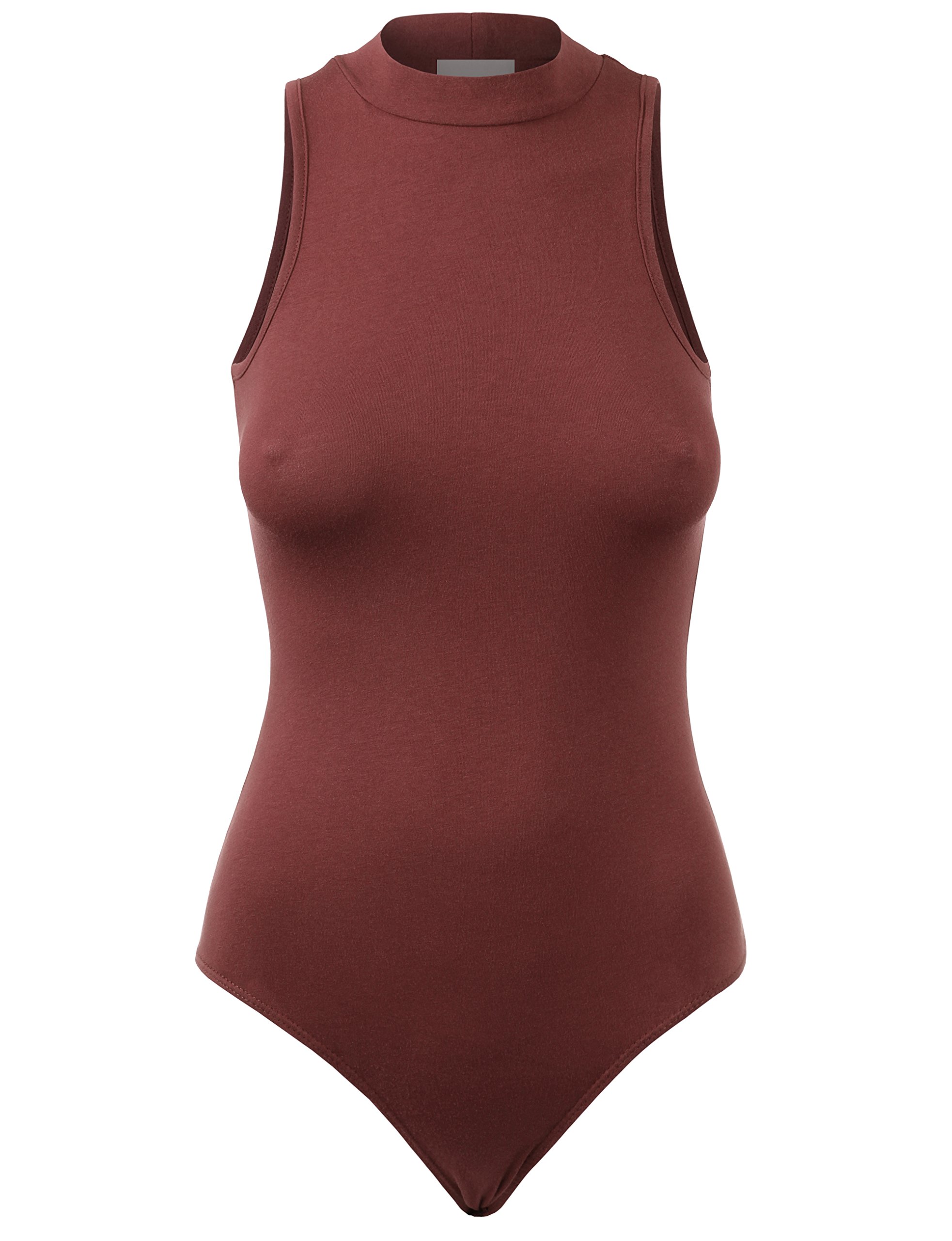 KOOLDO Womens Basic Solid Mock Neck Sleeveless Thong Leotard Bodysuit