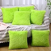 VitalCozy 6 Pcs Winter Faux Fur Throw Pillow Covers Fluffy Couch Cushion 18 x 18 in Square Pillow Luxury Decorative Soft Pillowcase Zipper Closure for Sofa Couch Sleepover Party(Lime Green)