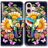 Bcov Case for iPhone 16,Hummingbird Butterfly Flowers Leather Flip Phone Case Wallet Cover with Card Slot Holder Kickstand Case for Apple iPhone 16
