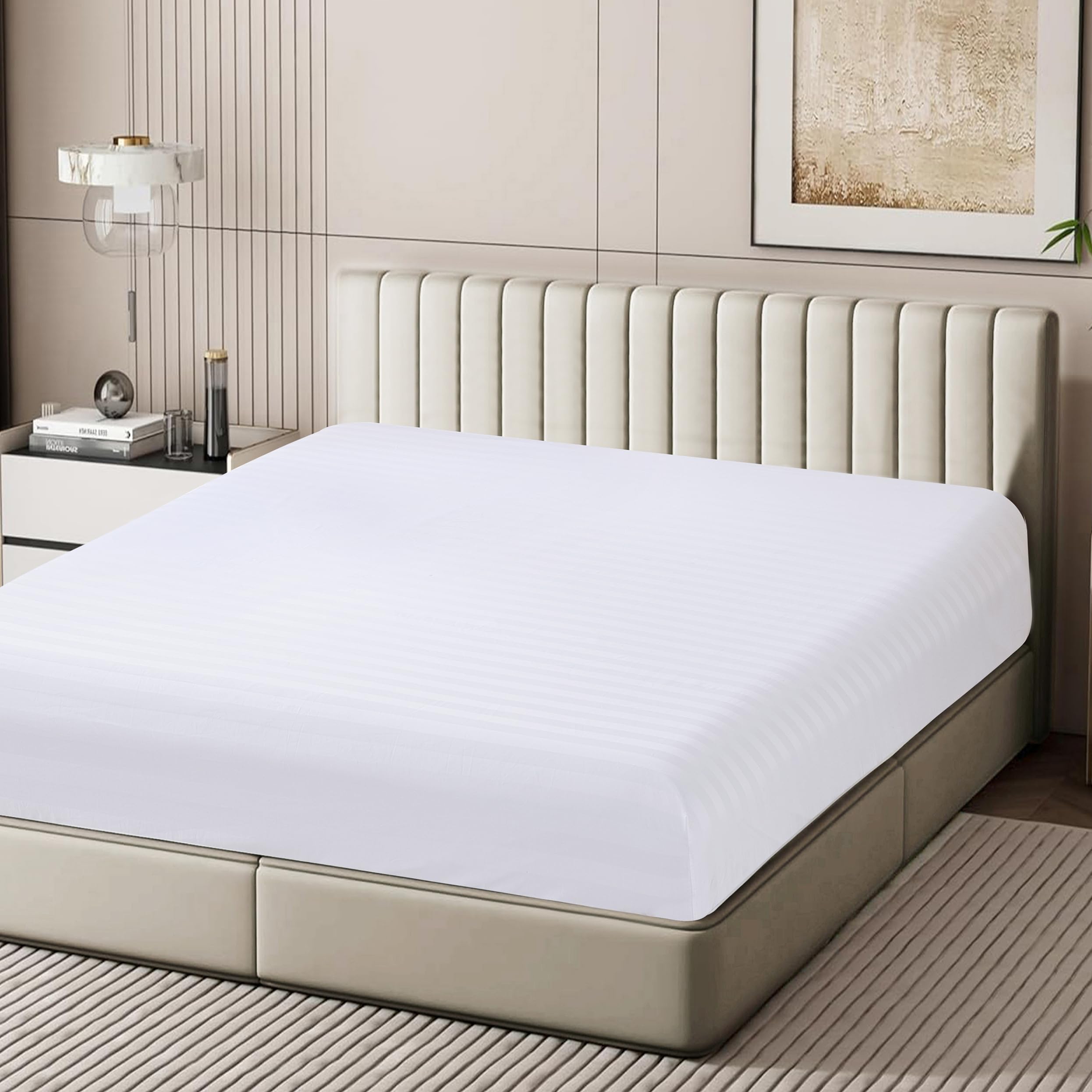 Photo 1 of 100% Egyptian Cotton Fitted Sheet Cal King Size Only, 8"-16" Deep Pocket Sateen Weave Bottom Sheet, Soft Breathable Hotel Quality, Foot Side Indicator (Cal King, Striped White)