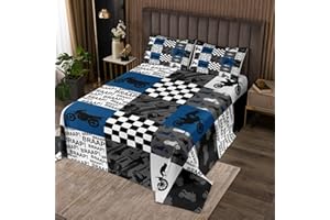 CASTLE FAIRY Dirt Bike Bedding Set Queen Size Black Grey Blue Motocross Rider Bedspread Kids Boys Teens Men Bedroom Racing Themed Patchwork Grid Comforter Set Fashion Motorcycle Silhouette Quilt Set 3pcs