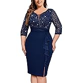 MISSMAY Women's Plus Size Sequined Lace V Neck Ruffle Split Hem Wedding Party Bodycon Cocktail Dress