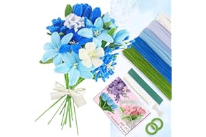SUZURANA 400 Pcs Blue Pipe Cleaners Craft for Flowers, 5 Colored Pipe Cleaner Flower Kit, Pastel Chenille Stems for Handmade Bouquet Wrapping Party Decorations with Floral Wire, Ribbons, Tape