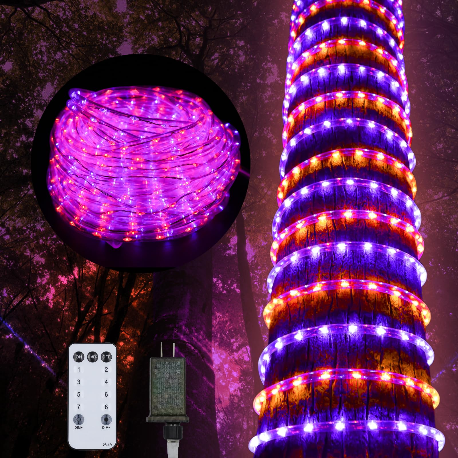 Photo 1 of Kenburg Halloween Rope Lights Outdoor, 33Ft 400 LED Orange and Purple String Lights, Waterproof Tube Lights Plug in 8 Modes Halloween Tree Garden Fence Yard Party Outdoor Decorations