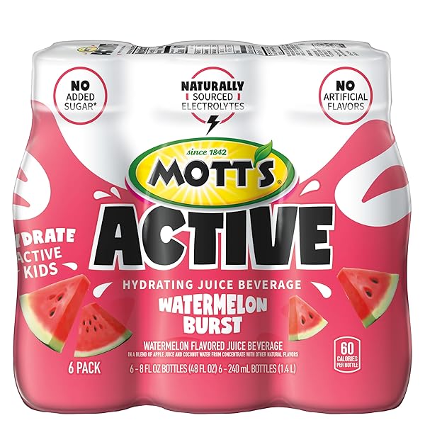 MOTT’S ACTIVE WATERMELON BURST HYDRATING JUICE BEVERAGE, 8 FL OZ BOTTLES, 24 COUNT (4 PACKS OF 6), MADE WITH NATURALLY SOURCED ELECTROLYTES & COCONUT WATER, GLUTEN & CAFFEINE-FREE, KOSHER
