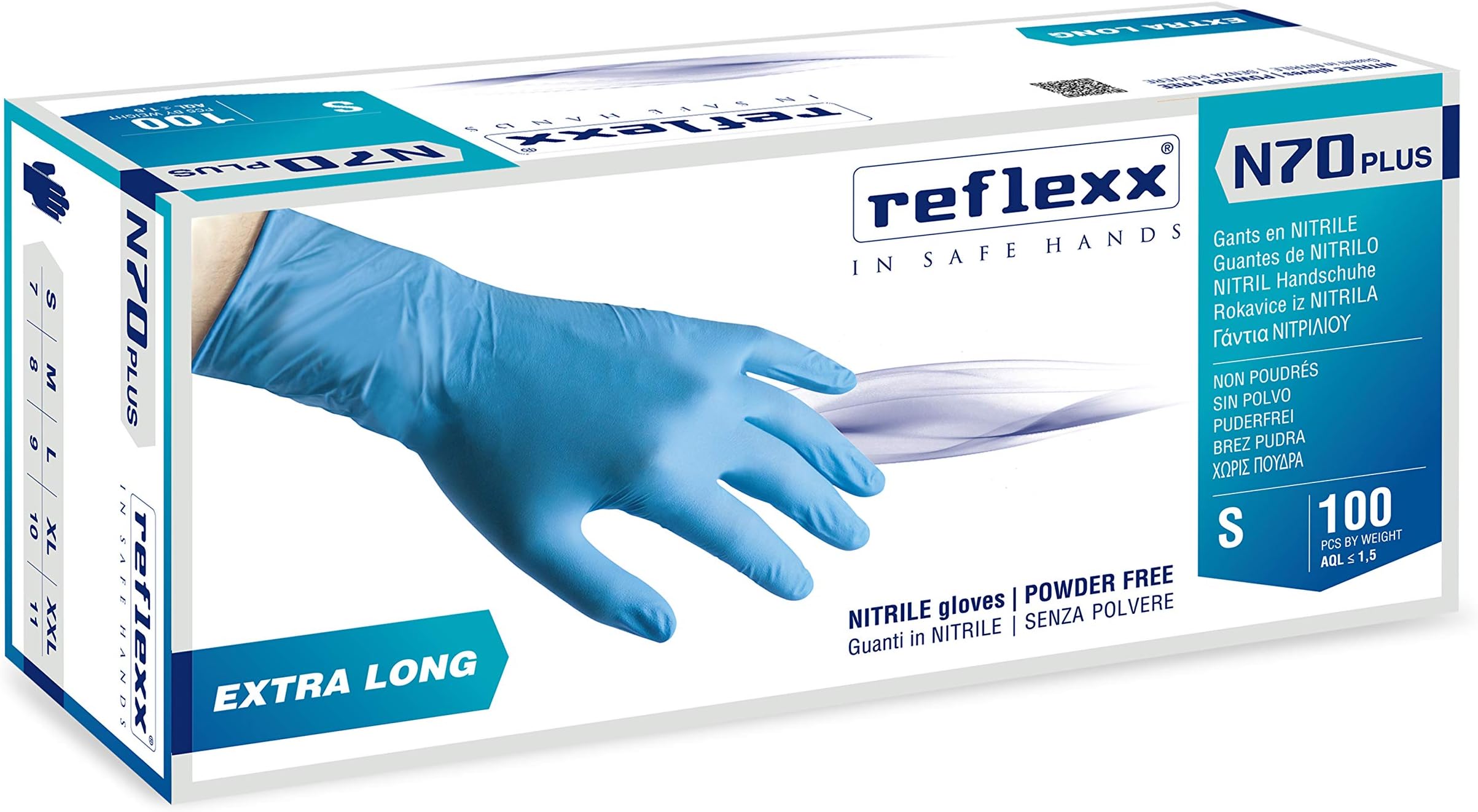 Reflexx N70P/S Extra long, 29 cm, powder free nitrile gloves gr 5.8, Size Small, Light Blue (Pack of 100)